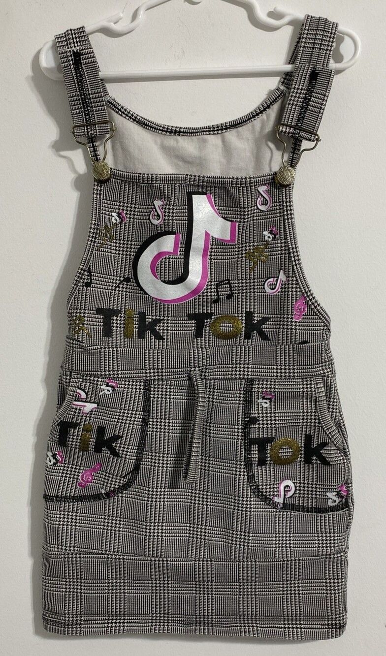TikTok Overall Dress Toddler Girls 2T Black White Pink Gold Plaid Houndstooth